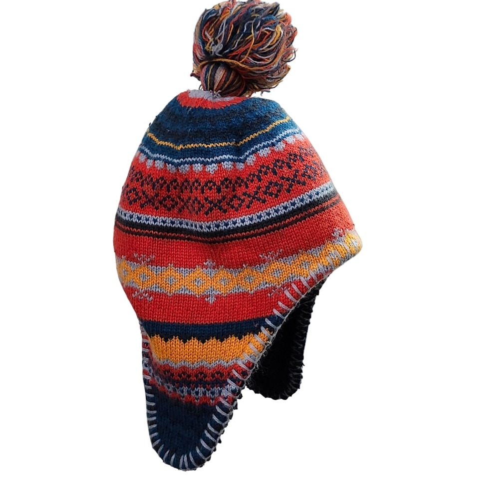 L.L. Bean Nordic Fair Isle Pom‎ Beanie Hat Fleece Lined Ear Flaps Kids S M